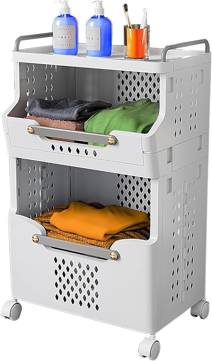 Laundry Basket with Wheels,Rolling Folding Laundry Hamper,utility cart,Kitchen storage Cart,Stackable Storage Bins Open Front,Dirty Clothes Hamper,Plastic laundry room organization