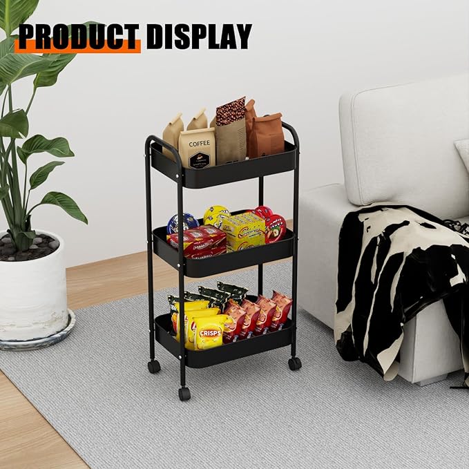 3-Tier Metal Utility Rolling Cart, Multi-Functional Storage Trolley for Office, Living Room, Kitchen, Movable Storage Organizer with Wheels, Black