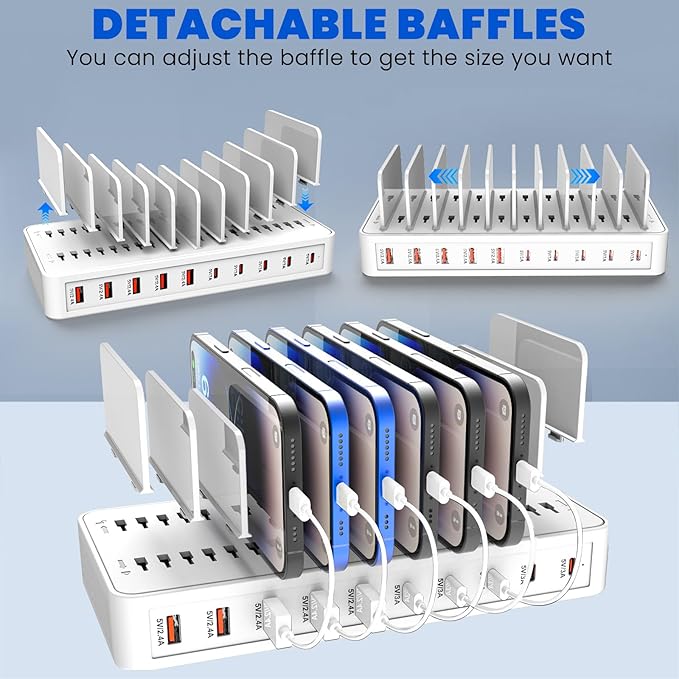 Charging Station for Multiple Devices, 100W 10 Ports Charging Dock with 10 Cables Smart IC Tech and Adjustable Dividers Type-C，Multi USB Charger for iPhone Galaxy iPad Tablet，White