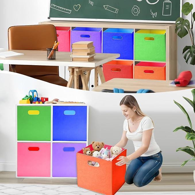 6 Pcs 11 Inch Colorful Felt Storage Cubes with Handle, Collapsible Fabric Storage Cubes Toy Bins Foldable Baskets for Nursery, Playroom, Kids Room, Toys, Books, Clothes(Rainbow)