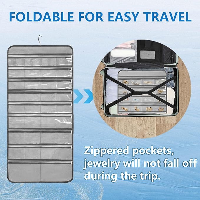 Travel Jewelry Organizer Dual Sided Hanging Earring Holder Bracelet Storage Rolls Rings Display Case with 68 Zippered Pockets (GREY)