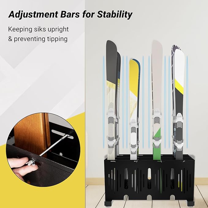 12-Pair Ski Storage Rack w/Width-Adjustable Fixing Bars, Heavy Duty Metal Freestanding Ski Rack - Ideal Organizer for Garage, Home and Store, 26" L ×25.2" W ×13.6" H