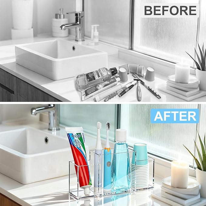 Acrylic Toothbrush Holder for Bathroom Counter, Clear Multi-Functional Toothbrush Organizer with Compartments for Electric Toothbrush, Toothpaste