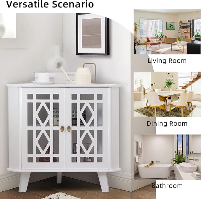 Scurrty 32'' Corner Shelf Stand, Small Corner Table Sideboard Cabinet with 2 Doors and 2-Tier Shelves, Free-Standing Storage Organizer for Living Room, Dining Room & Bathroom (White)
