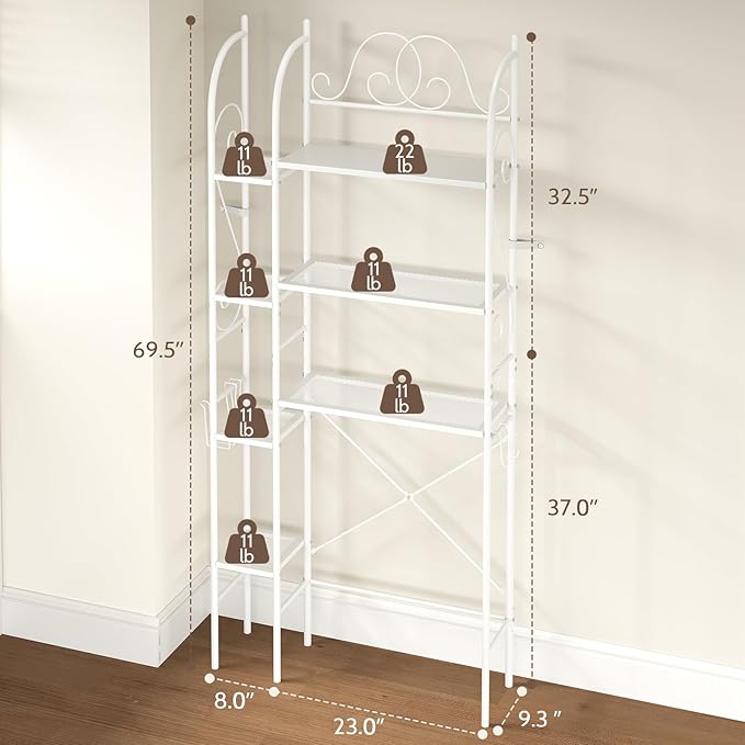 7-Tier Over the Toilet Storage Rack, Heavy-Duty Metal Bathroom Organizer with Adjustable Shelf, Toilet Paper Holder & Side Hooks, Space Saver for Small Bathrooms, Laundry Room & Apartments, White