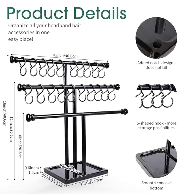 POVETIRE Headband Holder Stand Storage for Baby, 3 Tier Wooden Bow Organizer for Girls Hair Bows, Infant Hair Accessories Rack Display for Nursery Decor