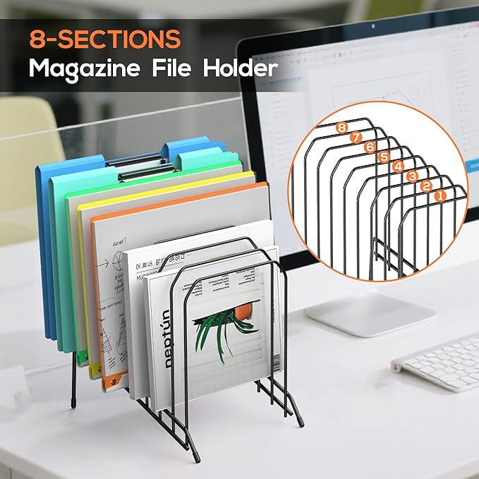 Incline Sorter Desk File Organizer, Metal Desk Magazine Folder Holder with 8-Section Vertical Compartments Rack File Organizer for Office, Home, School