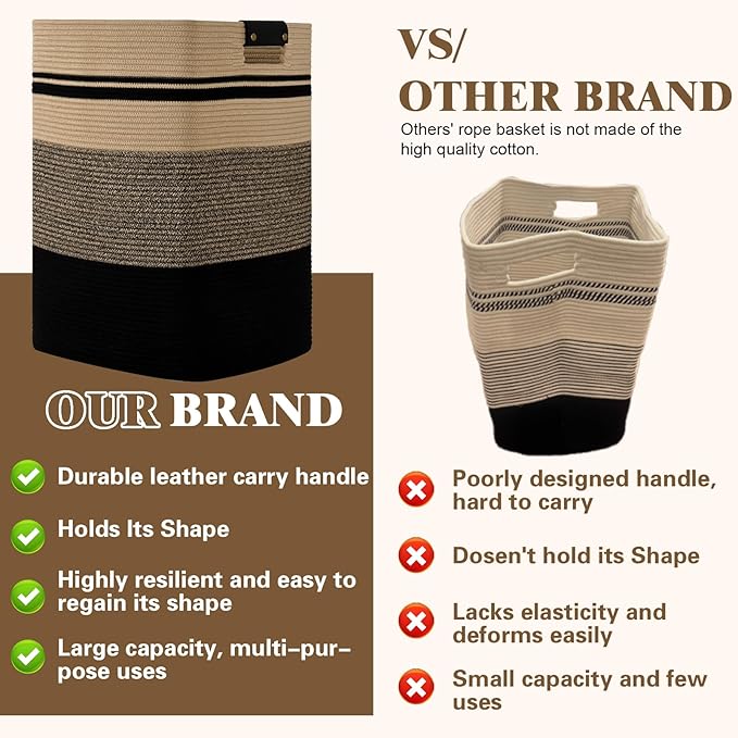 Laundry Hamper, 75L Tall Laundry Basket with Leather Handles, Rectangle Large Clothes Hamper for Organizing, Cotton Woven Laundry Baskets Storage Hampers for Bedroom, Nursery, Living Room