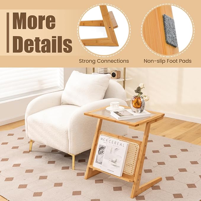 GOFLAME Rattan Side Table, Z-Shaped End Table with Magazine Rack, Bamboo Sofa Side Accent Table with Glass Top, Small Boho Nightstand, Bedside Table for Small Space, Living Room, Bedroom