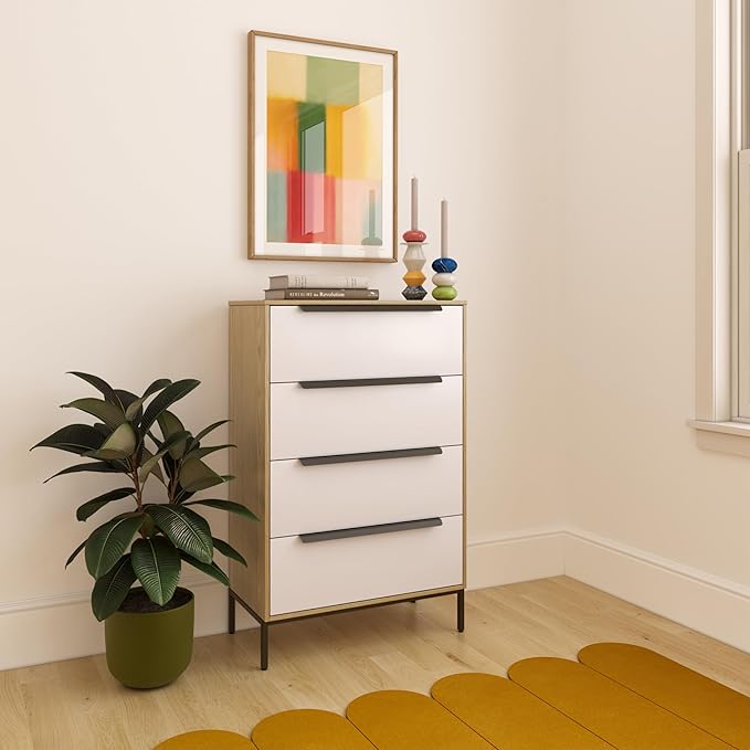 tinge Lira Premium Fabric Dresser - Solid Wooden Frame, 4 Spacious Sag-Proof Drawers with Sleek Metal Handles - Sleek & Durable Storage Solution for Your Home (Light Brown)