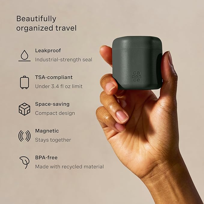 Cadence Travel Containers - Core Skincare Set - Magnetic Containers with Lids,2 Small (0.56oz) & 3 Medium (1.32oz) - Cleanser, Moisturizer, Serum, Makeup Remover & Sun Icon Labels - Charcoal