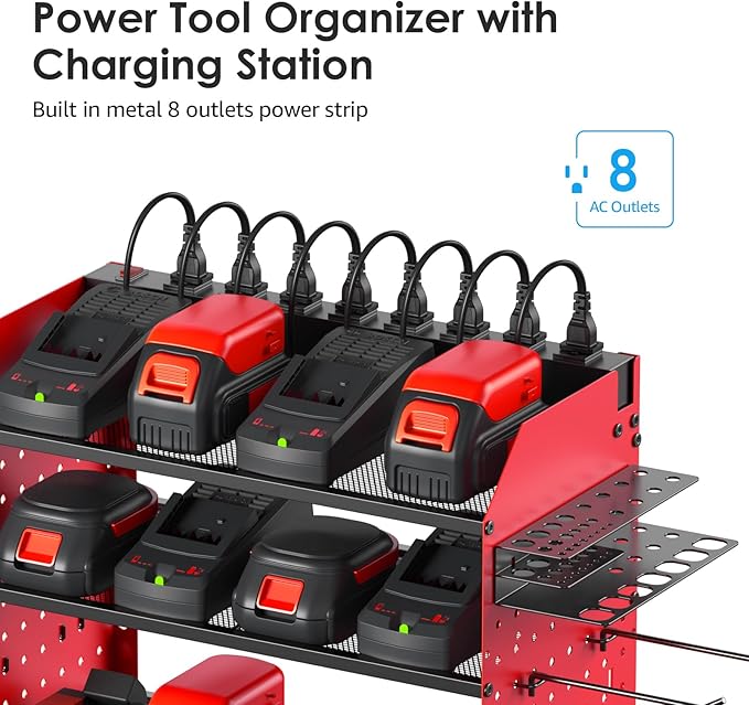 CCCEI Modular Pegboard Rack Power Tool Organizer with Charging Station. 4 Layer Wall Mount Drill Holder, Red Tool Battery Charger Organizer. Garage Shop Storage Utility Shelf with 10FT Power Strip.