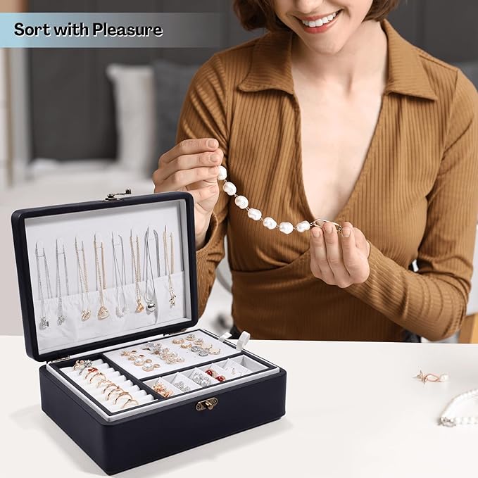 LAMOTI 2-Layer Jewelry Box for Women, Floating Effect Leather Jewelry Organizer with Detatchable Tray for Rings, Earrings, Necklaces & Bracelets (Black)