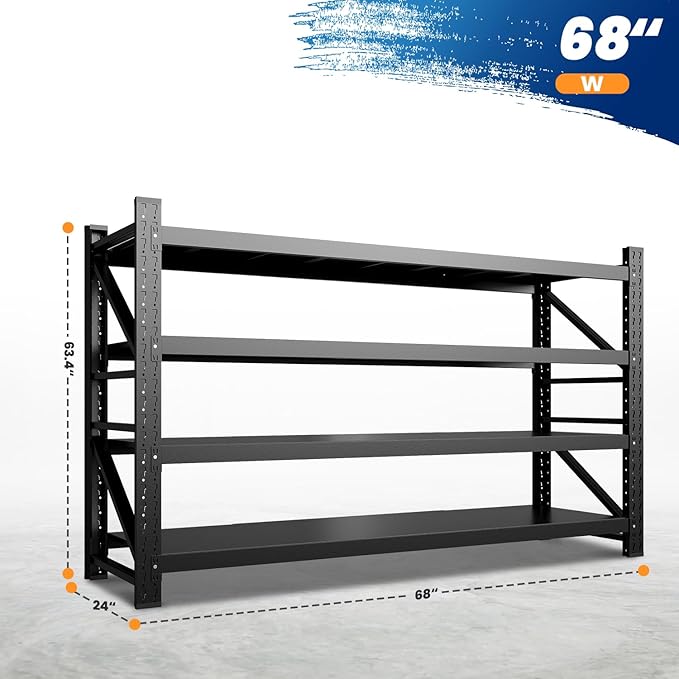 MIIIKO 68" W Storage Shelves,7500LBS Metal Garage Storage Shelving,Heavy Duty Adjustable Unit Storage Shelves for Warehouse,Basement,68" W x 24" D x 63" H,Black