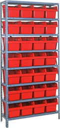 Quantum Storage Systems 1875-SB808RD Solid Heavy Duty 8 Shelves 28 STORE-MAX Red Bins 75" H x 36" W x 18" D