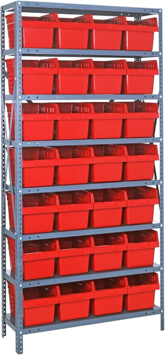 Quantum Storage Systems 1875-SB808RD Solid Heavy Duty 8 Shelves 28 STORE-MAX Red Bins 75" H x 36" W x 18" D