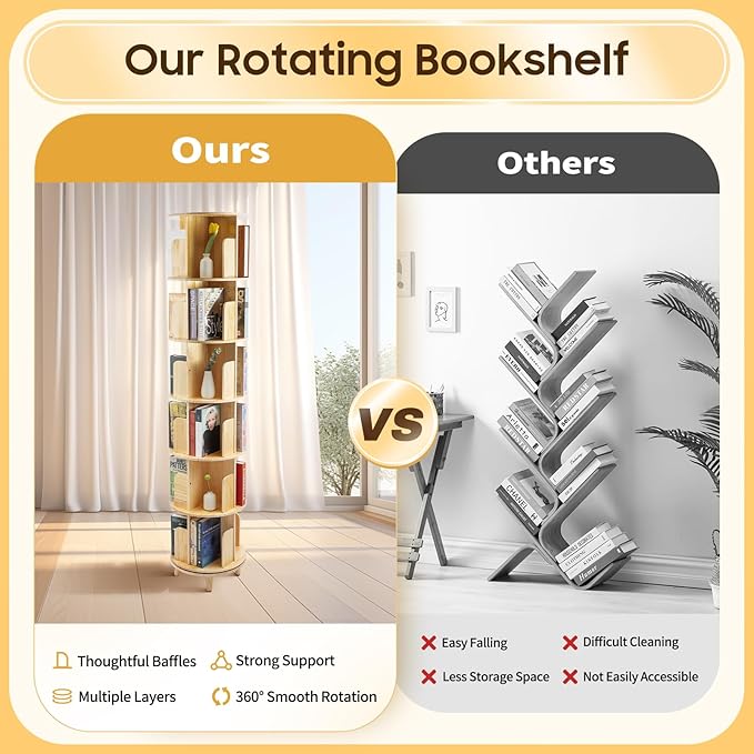 Rotating Bookshelf, 6-Tier Pine Wood Bookcase, Freestanding Bookcase Books Storage Displaying Rack, 360° Revolving Book Shelf Organizer, Each Tier Loading 110lbs, Used for Bedroom, Living Room, Study
