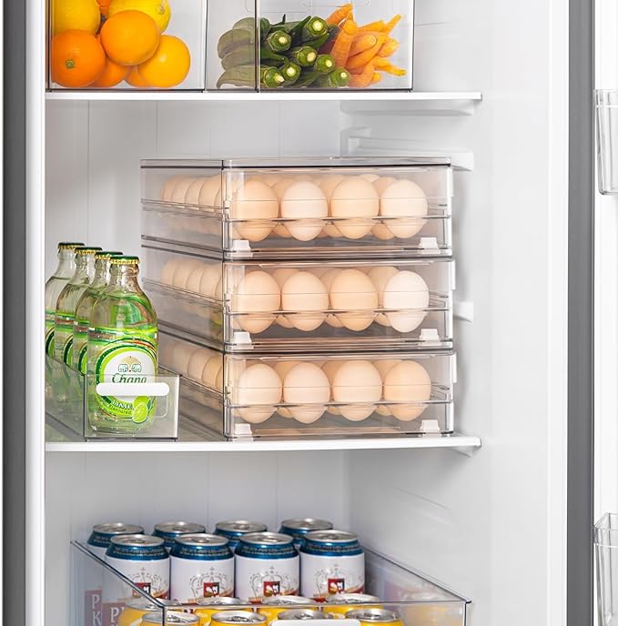 vacane 24 Capacity Egg Holder for Refrigerator, Egg Drawer for Fridge Pull Out Egg Storage Container with Non-Slip Pads Clear Egg Tray Egg Organizer - 2 Pack