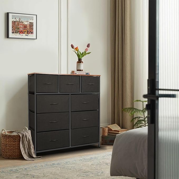 Dresser for Bedroom with 9 Drawers, Chest of Drawers, Storage Drawers Organizer Unit, Black Wide Fabric Dresser with Fabric Bins for Closet, Living Room, Entryway (Black and Rustic Brown)