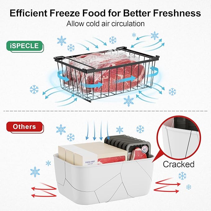 iSPECLE Freezer Organizer Bins - 17.5" Length Fit 5 Cu.FT Chest Freezer, 1 Expandable Hanging Bin & 3 Pack Stackable Deep Freezer Organizer, Sort and Get Frozen Food Easily with Handle, 4 Pack Black