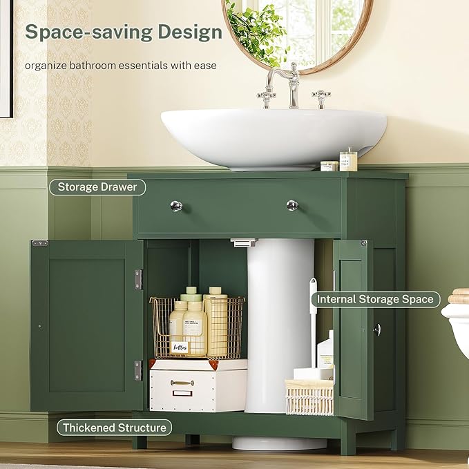 TEENFON Pedestal Sink Storage Cabinet with 2 Doors and Drawer, Bathroom Sink Cabinet, Under Sink Storage with U-Shape Cut-Out, Green UNYSG033V