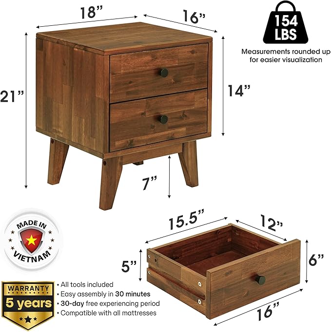 Acacia Silvia Nightstand with 2 Drawers, Solid Wood Bedside Table, Table with Storage Drawers for Bedroom, Bedside End Table with Drawer and Storage Space, Chocolate