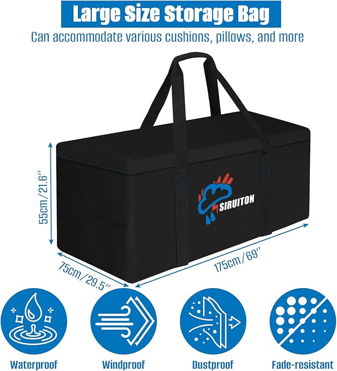 SIRUITON 69”L x 29.5”W x 21.6”H Outdoor Cushion Storage Bag,Patio Furniture Cushion Storage Bag,Heavy Duty 600D Oxford Garden Cushion Storage Covers, 9FT Waterproof Christmas Tree Storage Bags.
