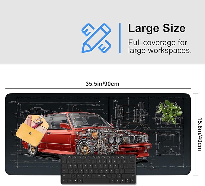 Retro Car Blueprint Mouse Pad – Large Extended Desk Mat 35.43 x 15.75 in – Classic Red Tuner Car Cutaway with Engine Diagram, Waterproof Surface, Non-Slip Rubber Base, Keyboard & Mouse Pad