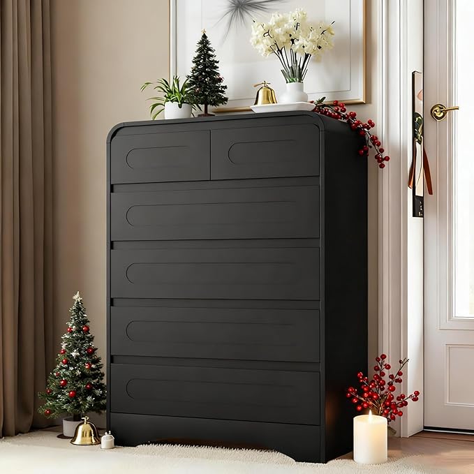 Tall Dressers for Bedroom, 6 Drawers Dresser & Chest of Drawers with Pre-Installed Slides&Curved Profile Design, Modern Closet Storage Wood Dressers Organizer for Living Room Hallway, Black
