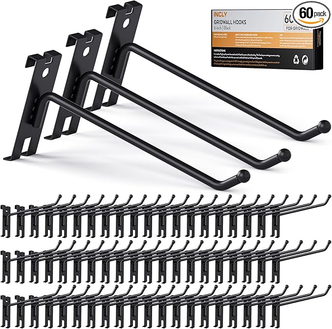 INCLY 6 Inch Gridwall Hooks, 60 Pack Heavy Duty Black Display Hooks for Grid Wall Panels, Gridwall Accessory for Storage Display Clothes in Retail Shop Garage