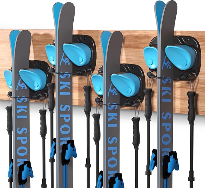 WDZREE Ski & Snowboard Wall Rack for Garage, Fits Any Ski or Board, Ski Wall Mount Garage Organization Holders, Damage-Free Storage Rack, Space-Saving Clamp Winter Gear Organizer, Blue (4 Pack)