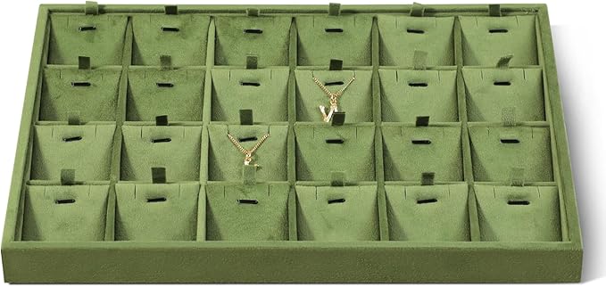 Velvet Necklace Display Tray, Stackable 24 Grid Insert Pendant Necklaces Storage Holder Plate, Jewelry Retail Countertop Organizer (Olive Green)