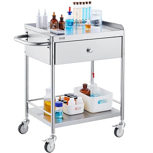 VEVOR Stainless Steel Utility Cart with Wheels - Medical/Dental Lab Cart - 2 Shelves/1 Drawer