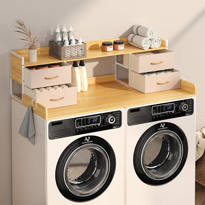 4 Drawers Washer Dryer Countertop with Shelf, 27.5" D x 54" W Laundry Topper with 3.54" High Guardrails and Non-Slip Pads,Extra Storage Organizer for Over Washer and Dryer, Holds 66 Lbs,Light Oak