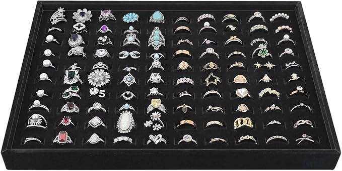 MOOCA 2 Pcs Set 100 Slots Ring Tray Display, Slotted Ring Showcase Display Jewelry Organizer Stand, Jewelry Holder for Showcase for Home Trade Show, Black Velvet