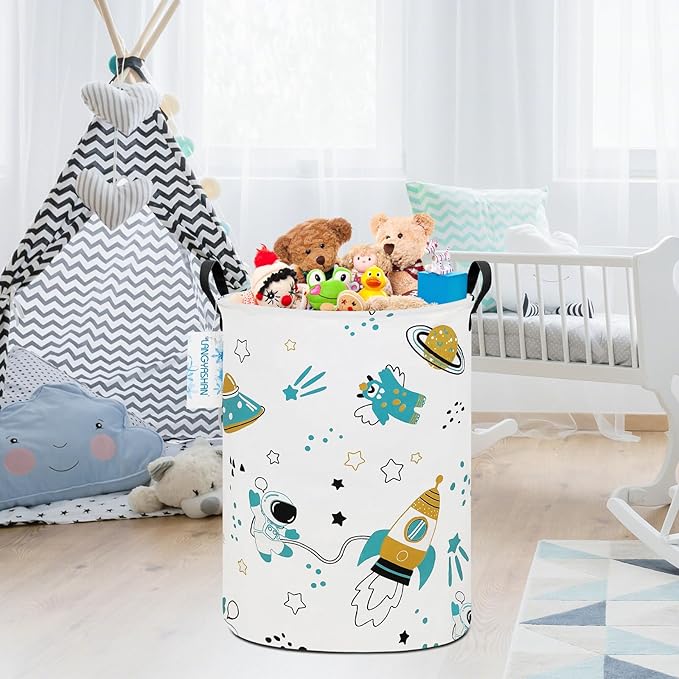 LANGYASHAN Storage Bin, Canvas Fabric Collapsible Organizer Basket for Laundry Hamper,Toy Bins,Gift Baskets, Bedroom, Clothes,Baby Nursery (Round space astronaut)