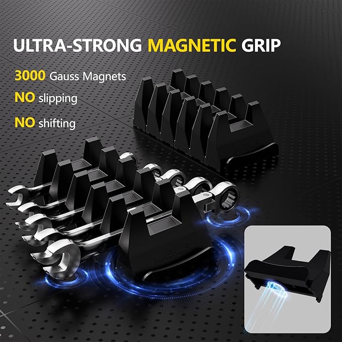 12PCS Magnetic Modular Wrench Organizer Set - Tool Drawer Storage Rack with Metric & SAE Labels, Wrench Holder with Magnet, Perfect Tool Gift for Men, father, boyfriend, DIYers & Mechanics (Black)