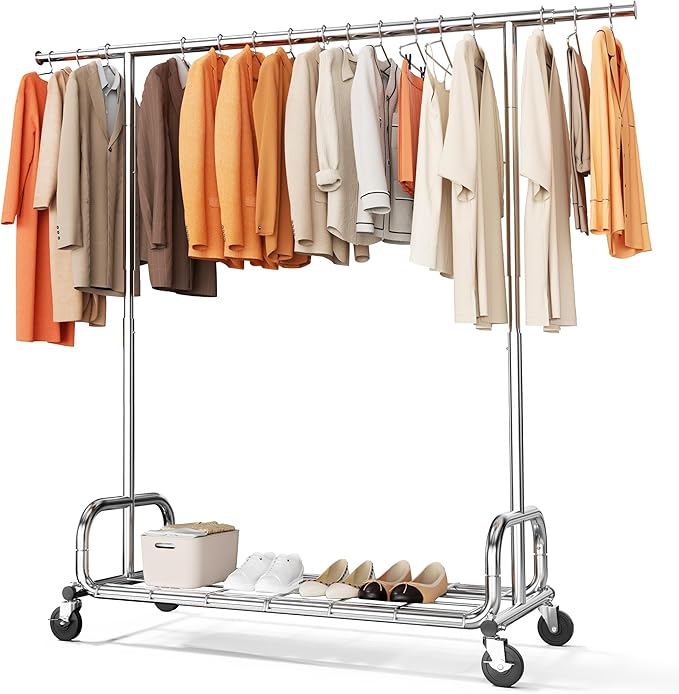 HOKEEPER Clothing Racks Heavy Duty Clothes Rack Adjustable Garment Rack for Hanging Clothes, Portable Coat Rack with Lockable Wheels, for Bedroom, Laundry, Balcony, Living Room 68.89''H*70.86''W*20"D