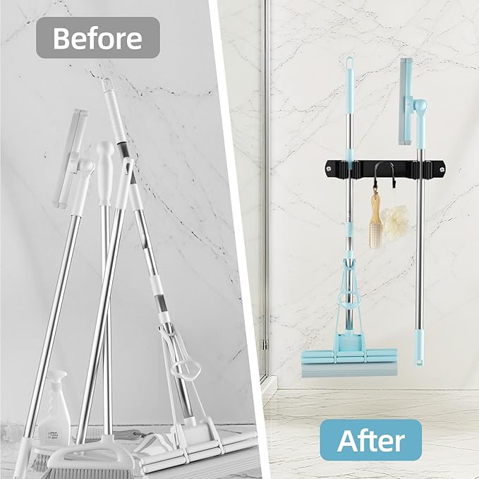 Broom Holder Wall Mount, Stainless Steel Mop and Broom Organizer, Broom Hanger with 2 Slots 2 Hooks for Home Kitchen, Garage, Garden and Laundry Room, Black