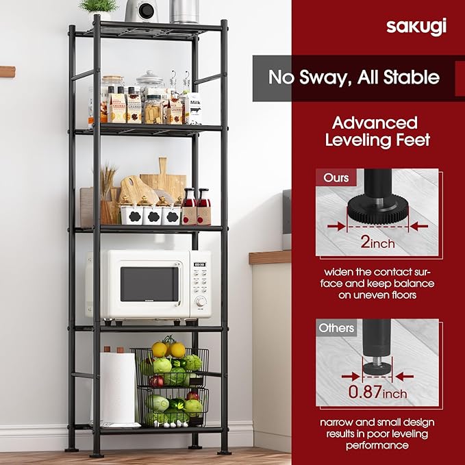 Storage Shelves - Set of 2, 5-Tier Metal Shelf Organizer, Space-Saving Garage Shelving with Leveling Feet, Standing Shelves Organizer for Kitchen, Laundry, Pantry (18.4" x 12.6" x 57.4", Black)