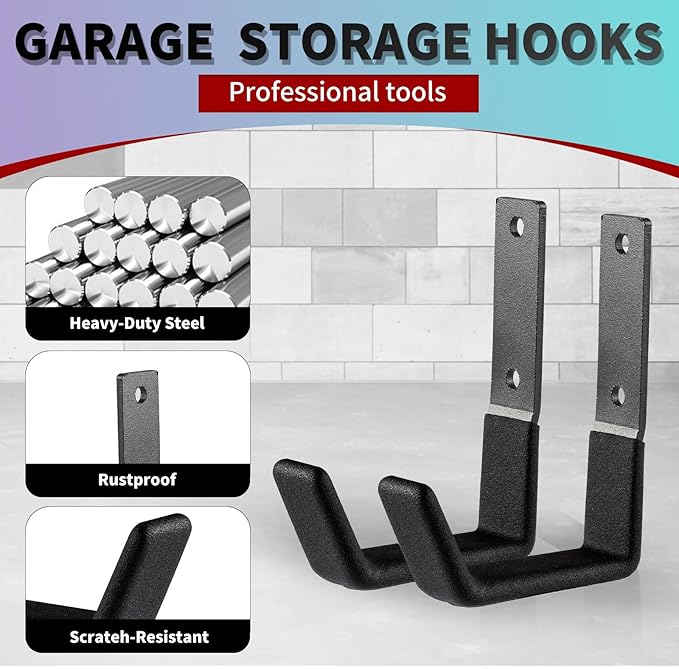 Heavy Duty Steel Hooks - Garage & Garden Tool Organizer, Wall Mount Hooks, Hose Hanger (12, Small)