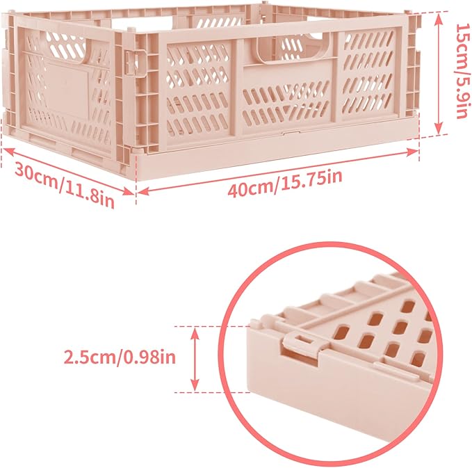 Domiella 2-Pack Crates for Storage, Storage Crates Plastic Stackable, Foldable Crate for Office Home Kitchen Bedroom Bathroom (Large, Pink)