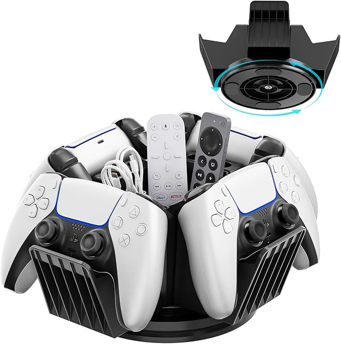 KDD Controller Organizer for Desktop - 360°Rotatable Controller Holder with Storage Box - Universal Stand for 4 Controllers, Desk Organizer for Switch Remote Control Pen Gamer Accessories