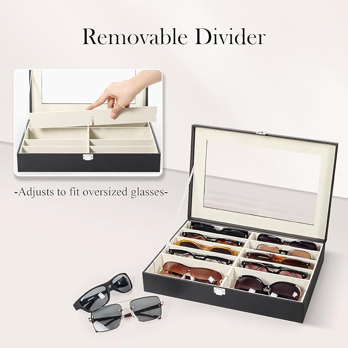Sunglasses Organizer Case with Adjustable Slots, Eyeglasses Display with Lid, Eyewear Storage Box for Large Glasses
