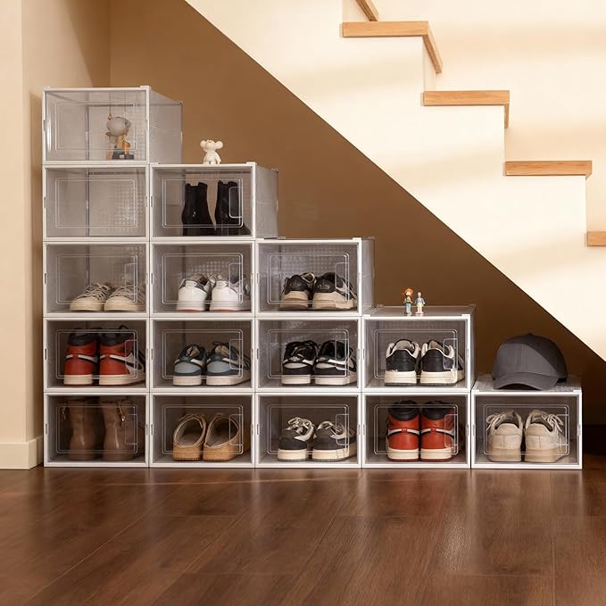 Shoe Boxes, Stack Without Toppling Modular storage boxes combine freely for use in closets, under beds, hallways, and entryways. Space-saving. (Transparent, 6 Pack)