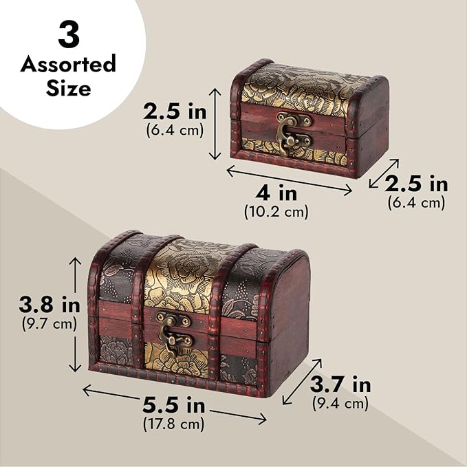 Juvale Wooden Treasure Chest Set - 3 Nesting Boxes, Brown Floral - Decorative Storage & Jewelry Box with Hinged Lid, Vintage Antique Decor