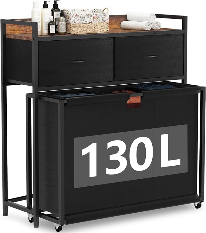 Laundry Hamper with 3 Section Rolling Bags, Laundry Sorter with Wheels, Laundry Basket with 2 Drawer for Laundry Room (Black and Rustic Brown)