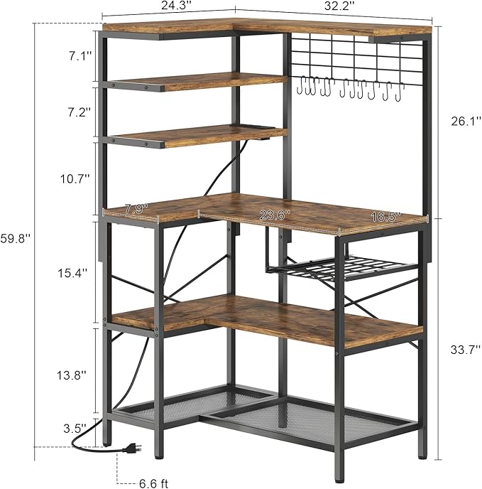 L-Shaped Bakers Rack with Power Outlet, 6-Tier Microwave Stand with Open Storage, Coffee Bar with Hooks, Mesh Grid, Kitchen Shelf with Wire Basket, Rustic Brown and Black
