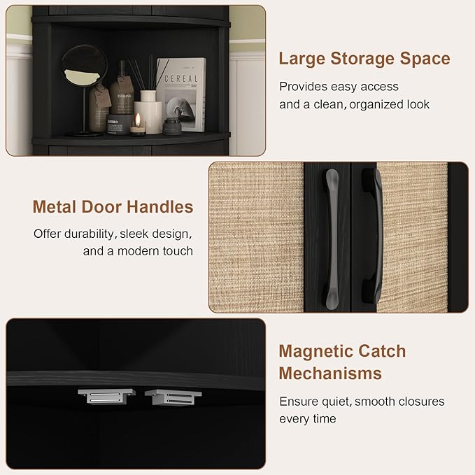 Tall Corner Cabinet, 64.7" Rattan Corner Storage Cabinet with 4 Doors and 5 Storage Shelves, Farmhouse Space Saver, Boho Shelf for Living Room, Kitchen, Bathroom, Office, Rustic Black