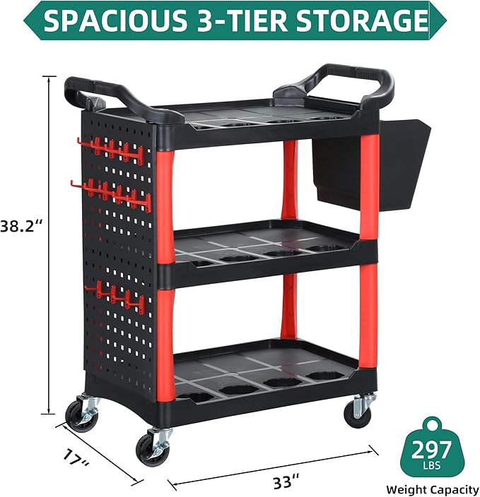 YITAHOME Auto Detailing Cart with Wheels, 3 Tier Rolling Detail Cart with Long Hanging Plate & Hooks & Hanging Bucket, Car Wash Organizer Cart for Detailers Garage, Workshop, Repair Shop, Storage Tool